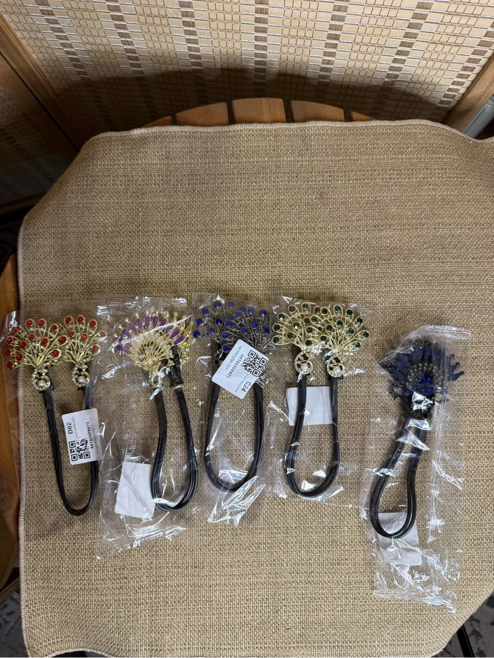 New***Jeweled Peacock Hair Tie - Gold with Multicolor Stones-set of 5